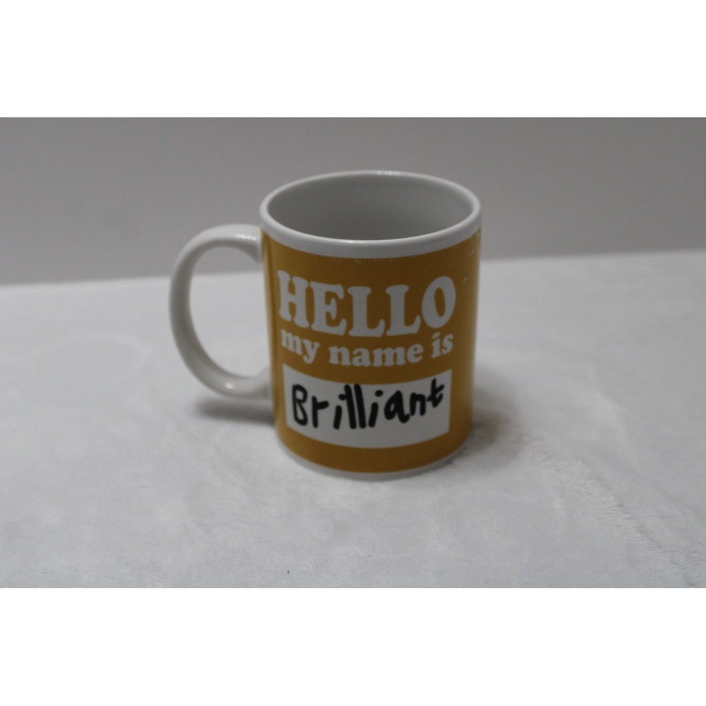 Ganz Hello My Name Is Brilliant Yellow White Ceramic Coffee Mug Novelty Cup